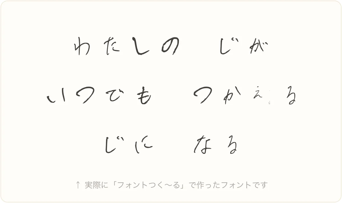完成した手書きフォントで表示した文章「わたしの じが いつでも つかえる じに なる」