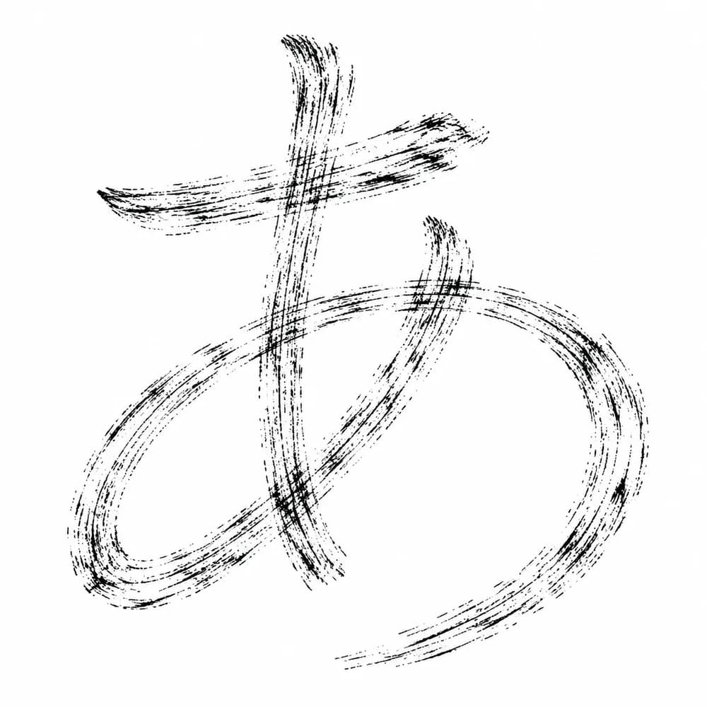 かすれが極端な筆文字「あ」のサンプル画像。線は点線状の細い毛跡の集まりで、面としての黒がほとんどない